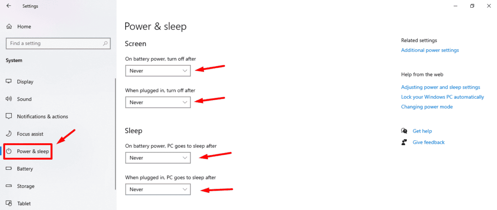 Power & sleep settings