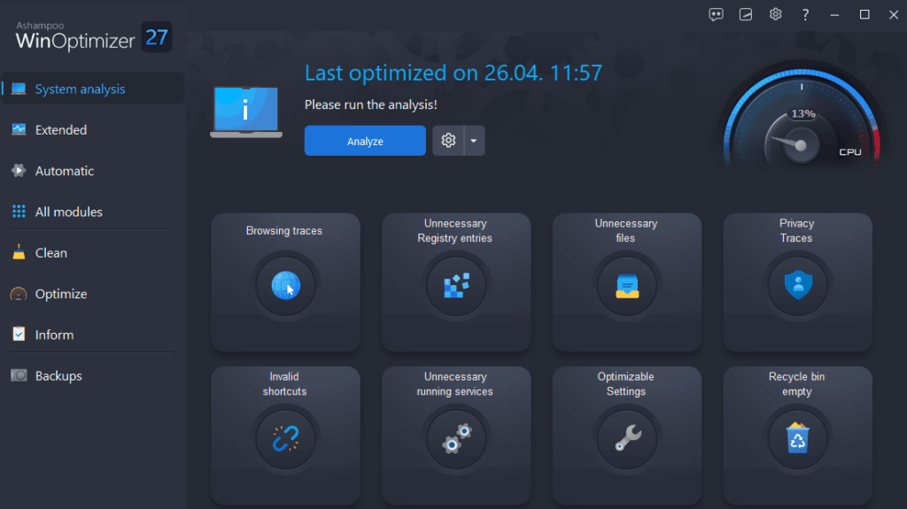 Ashampoo WinOptimizer  main window