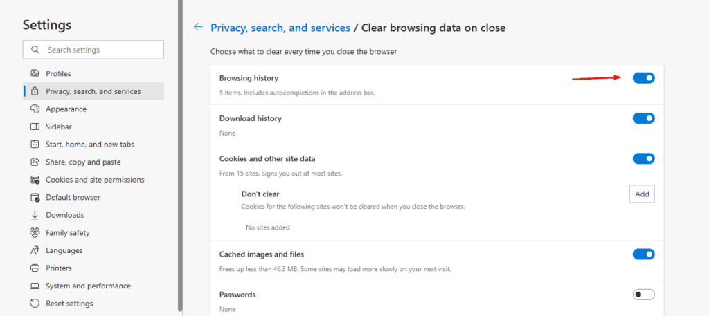 Toggle browsing history