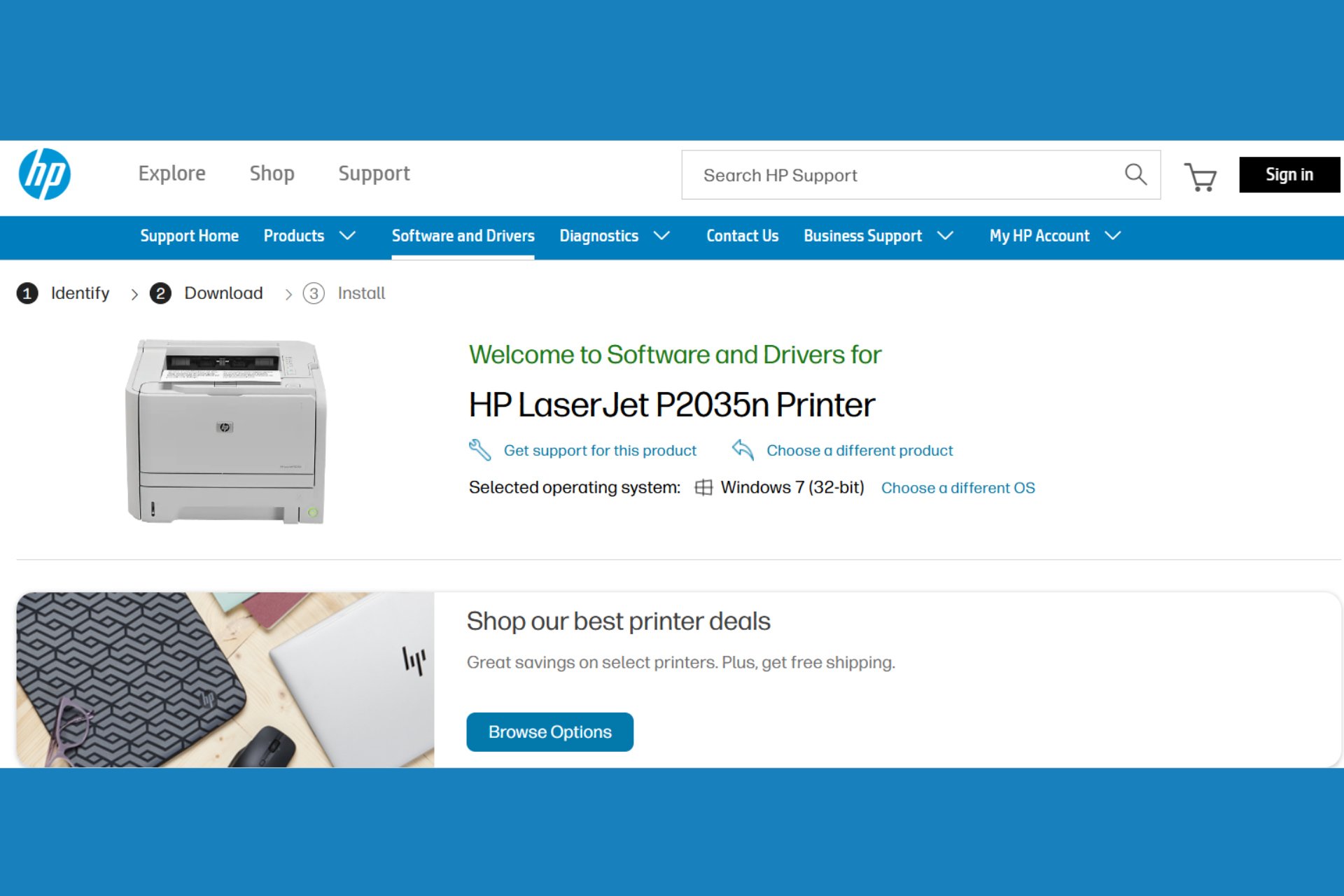 Download and install the HP LaserJet P2035n Driver for Windows 7