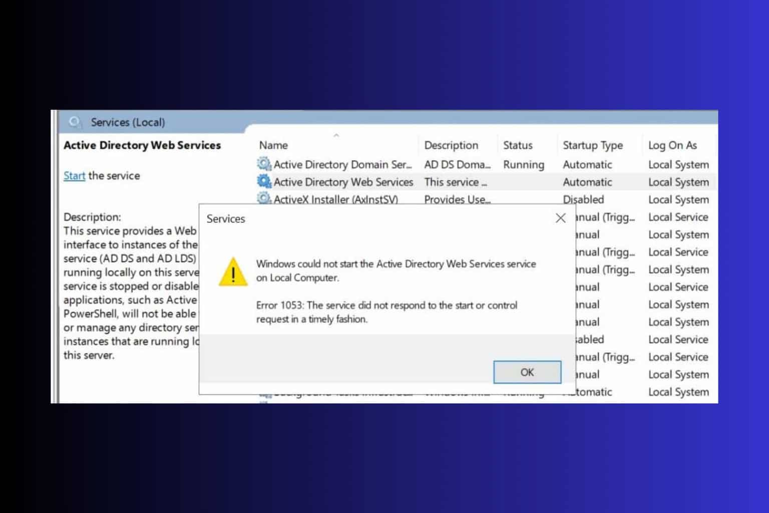 Active Directory Web Services Not Running: Error 1053