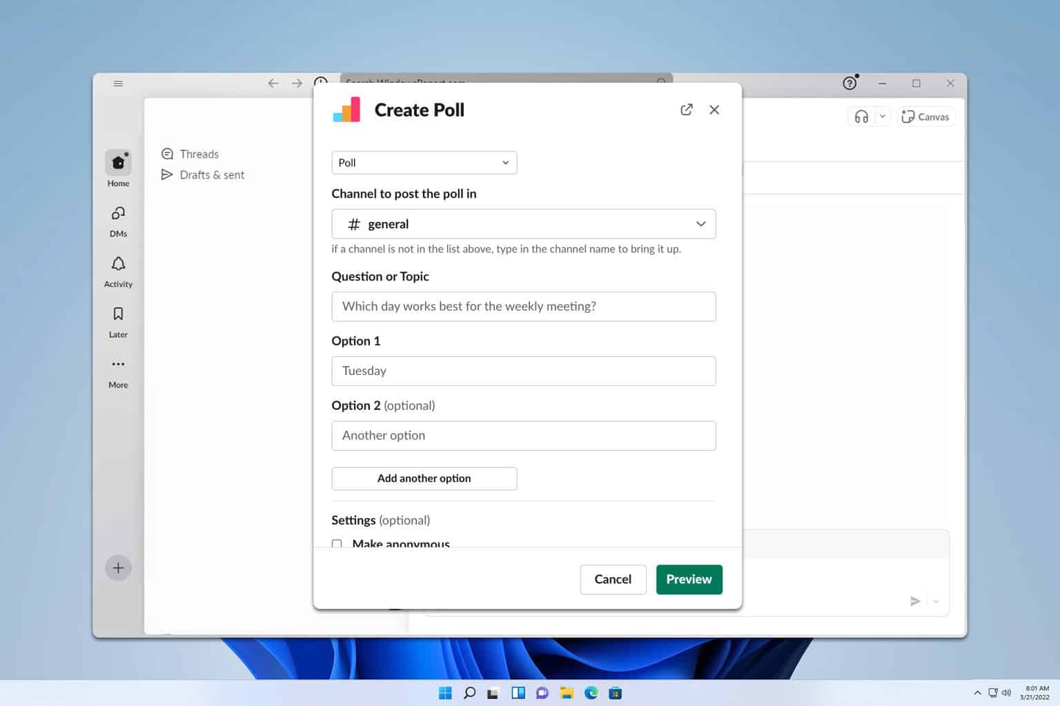 how to create a poll in slack
