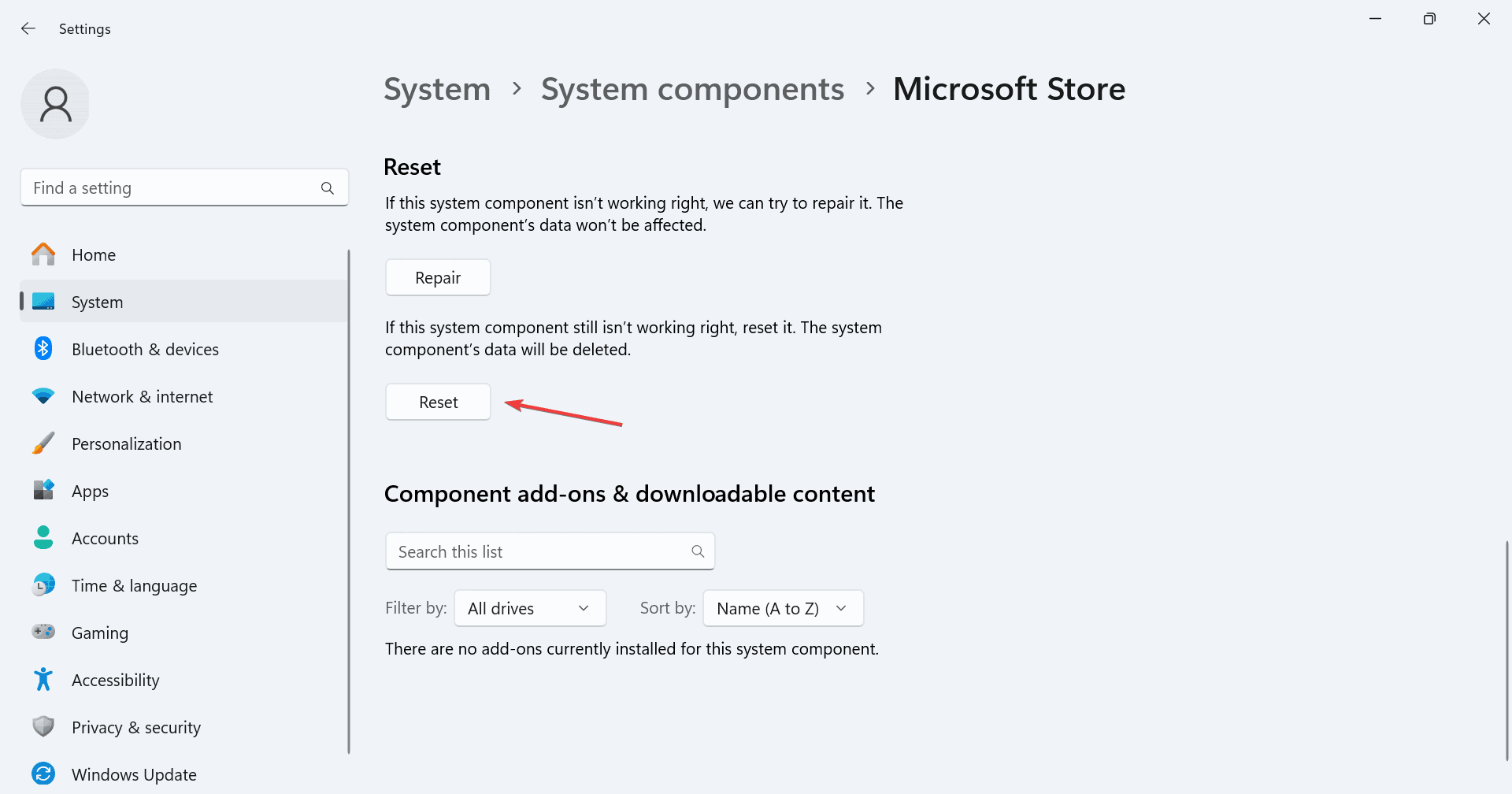 reset to fix microsoft store install service high cpu