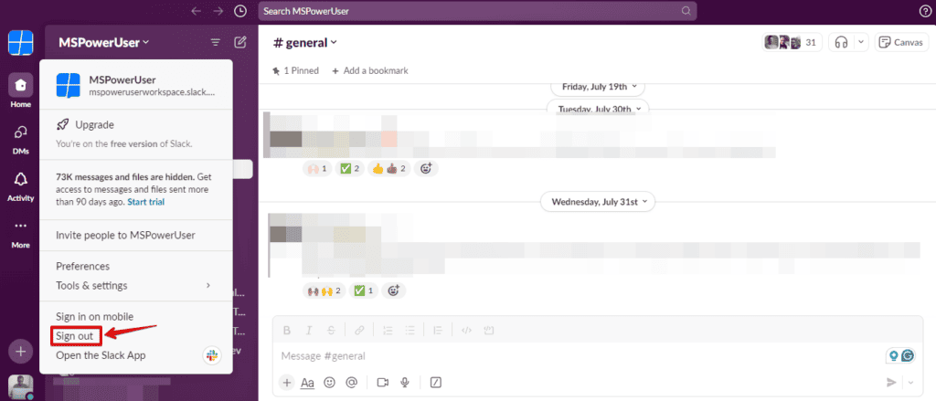 Sign out of Slack