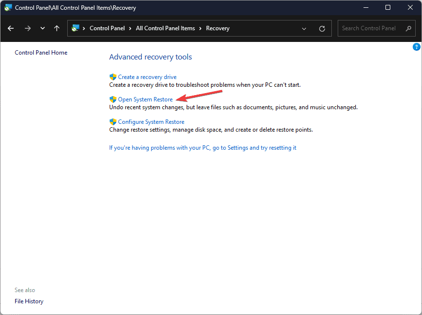 Open system restore link