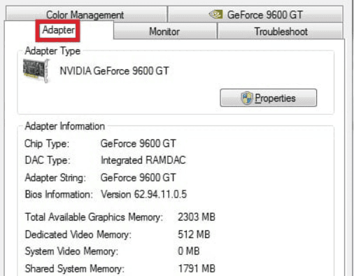 windows 7 video card information