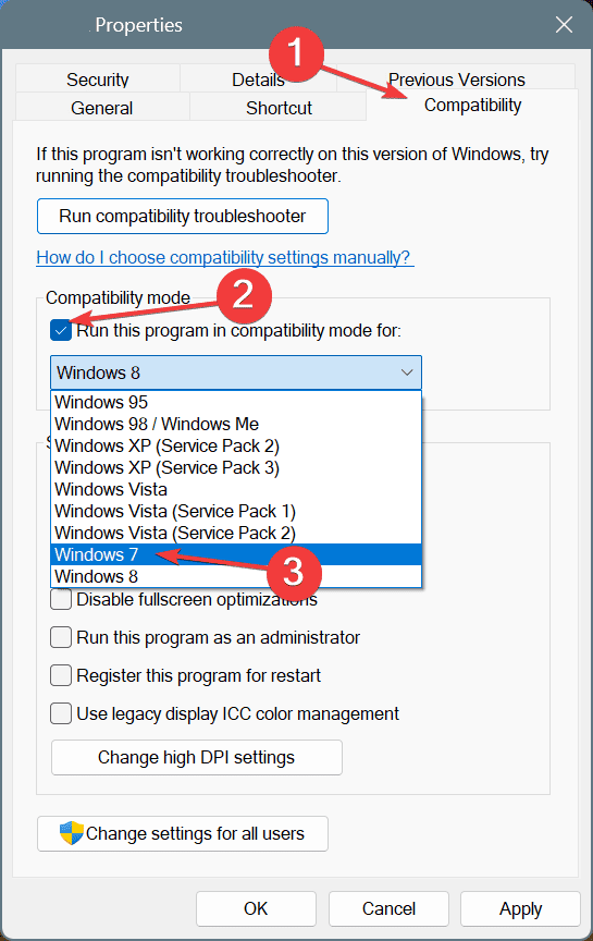 comaptibility mode to fix ERROR_IMAGE_MACHINE_TYPE_MISMATCH_EXE