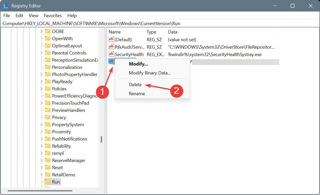 delete Registry key to fix AdobeARM.exe