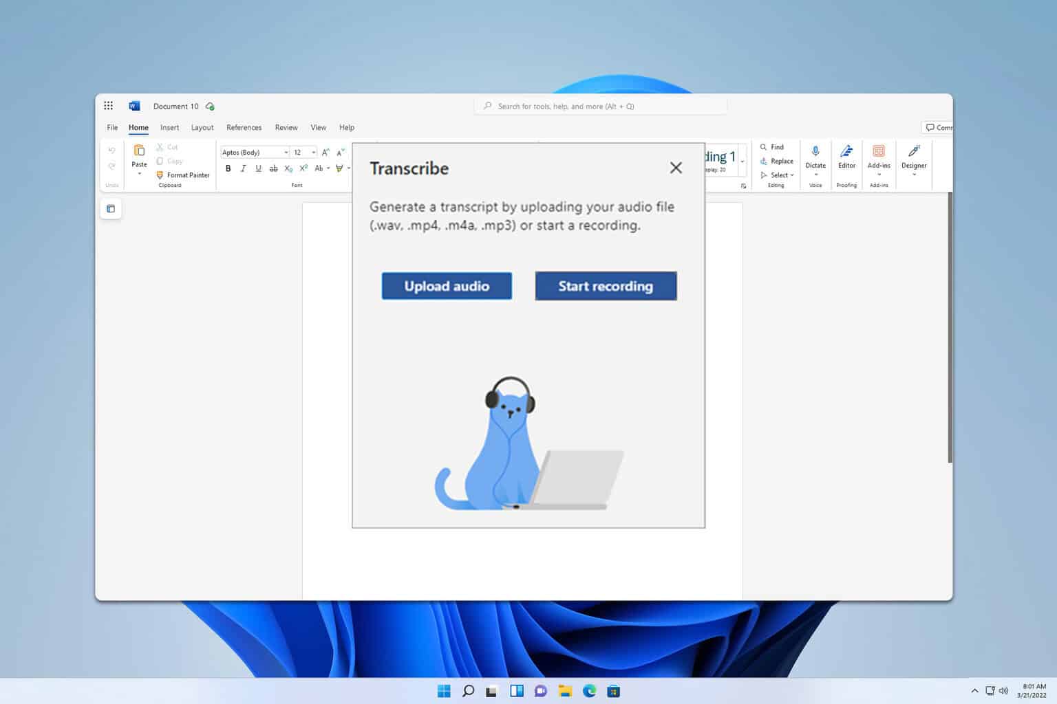 microsoft word transcribe