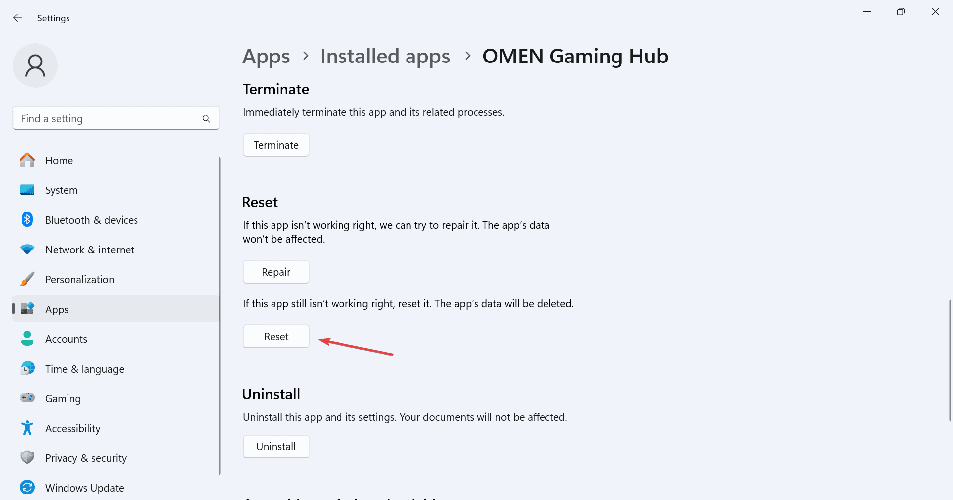 reset to fix omen gaming hub not showing cpu temp