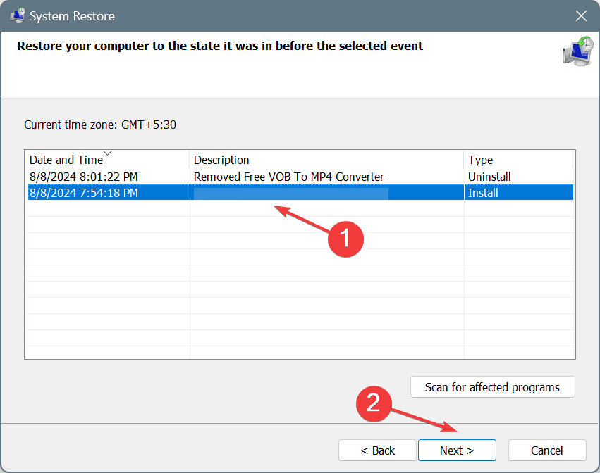 restore point selection