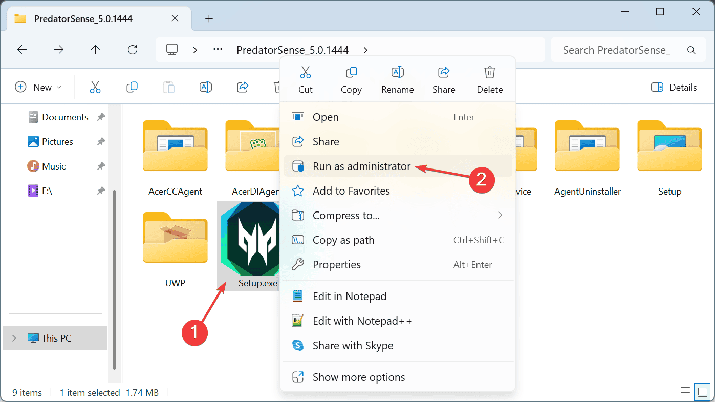 run as admin to fix acer predator sense not installing