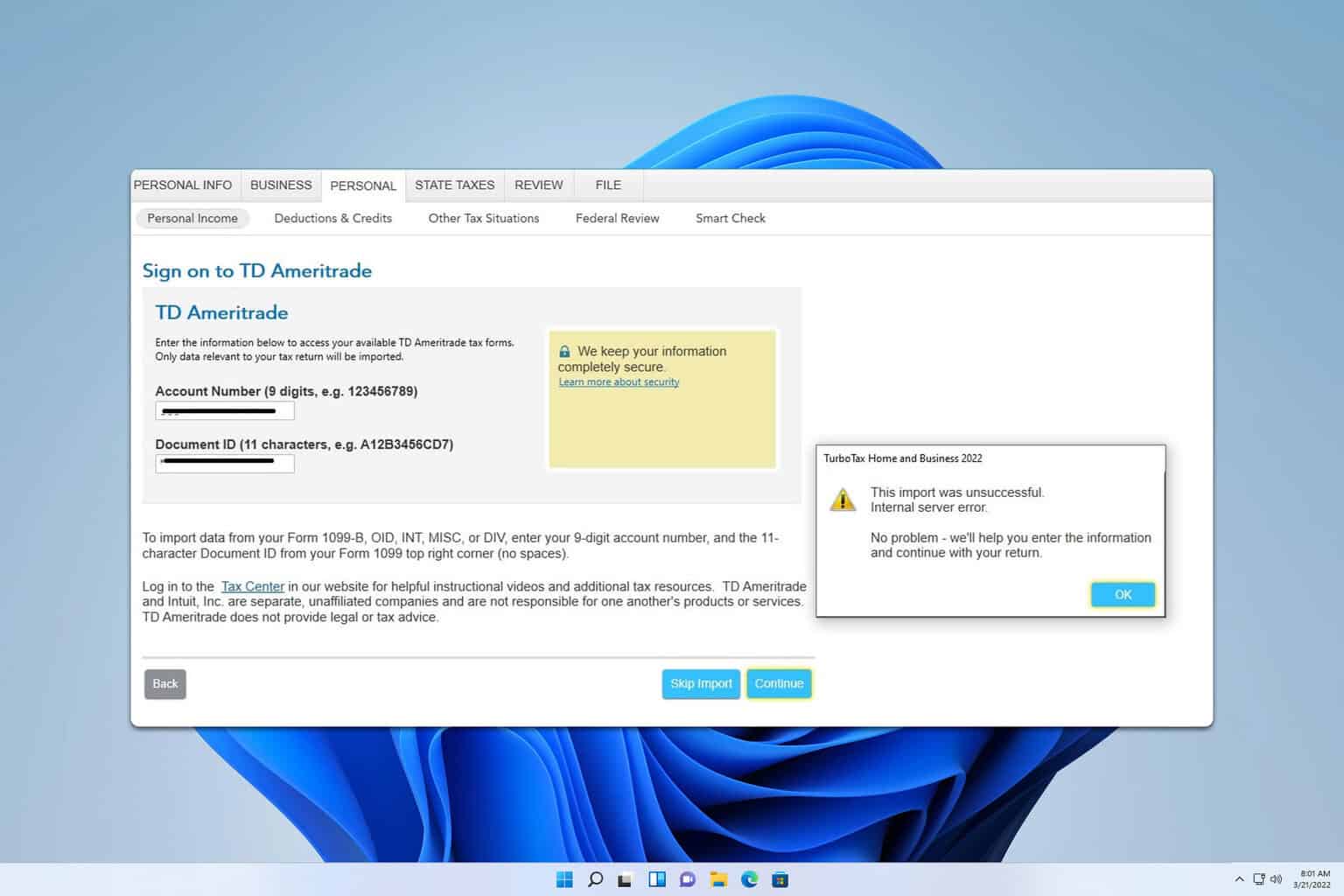 turbotax internal server error