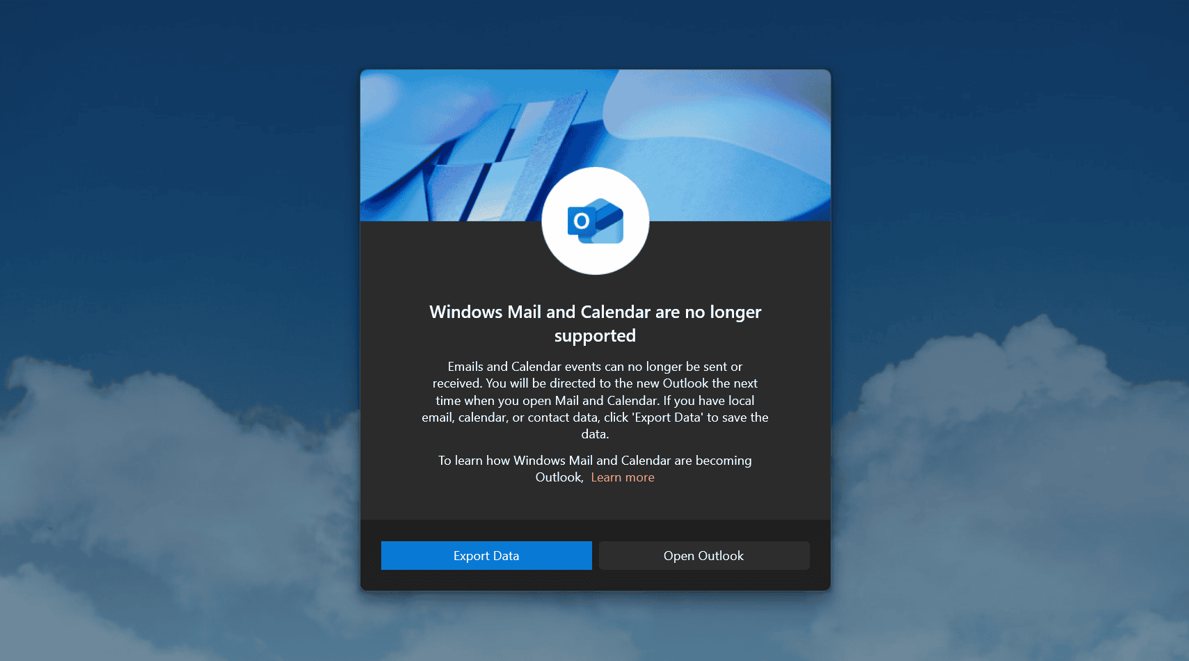 Mail and Calendar app no support pop-up