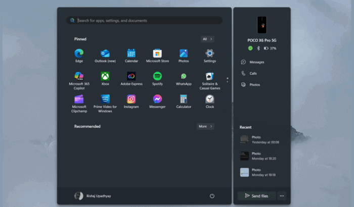 Phone link start menu panel Windows 11