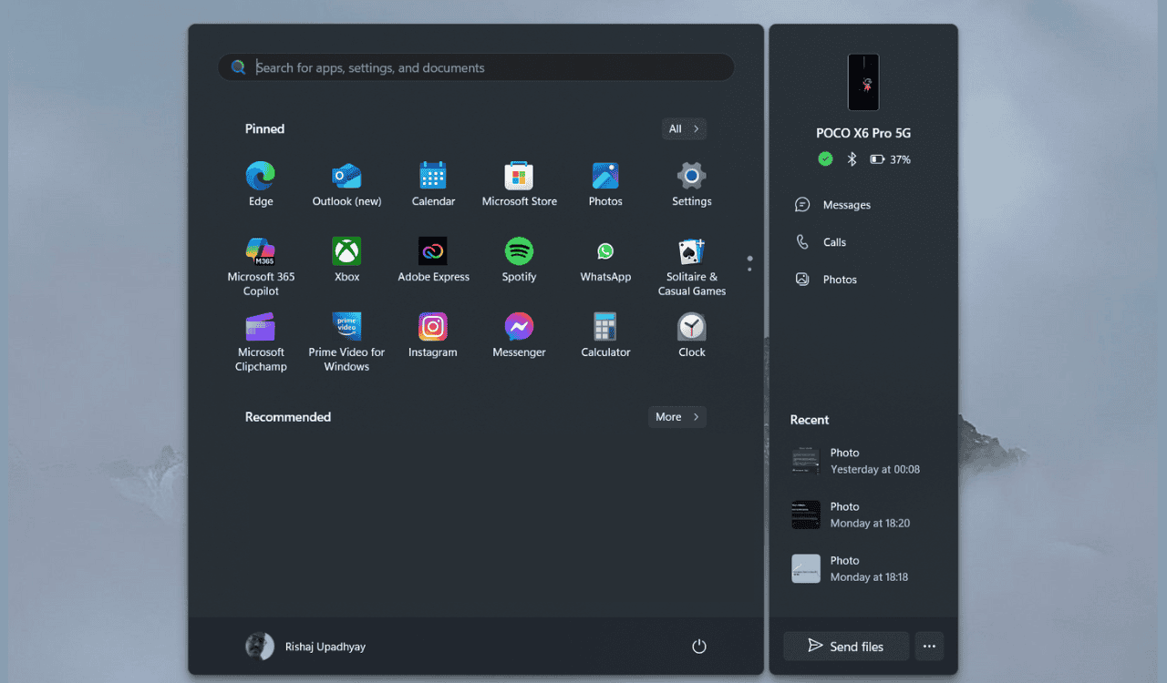 Phone link start menu panel Windows 11