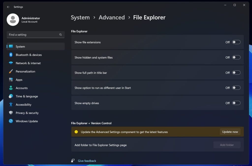 Advanced settings page File Explorer