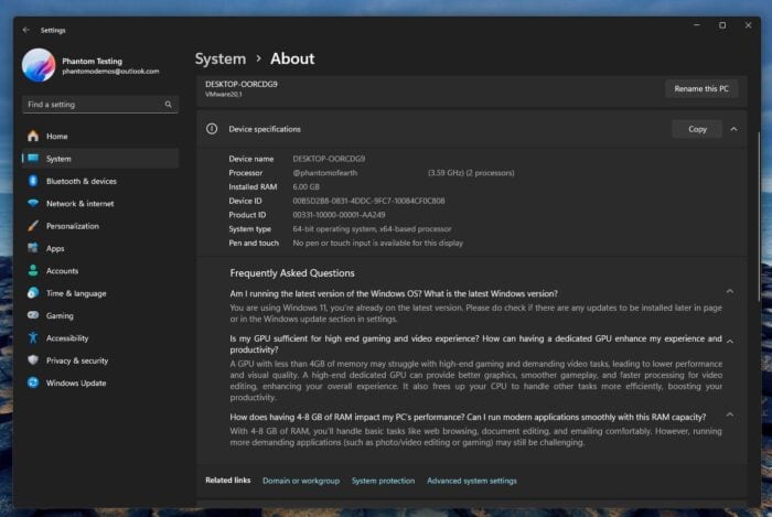 Windows 11 FAQs section in Settings