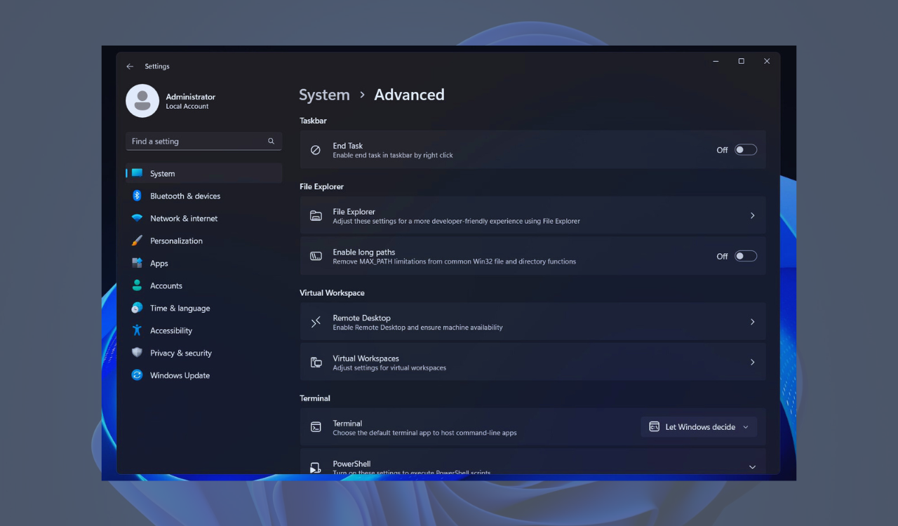 Windows 11 advanced settings page feature banner