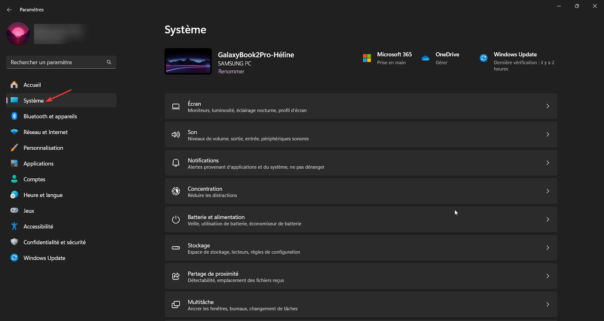 paramètres système windows