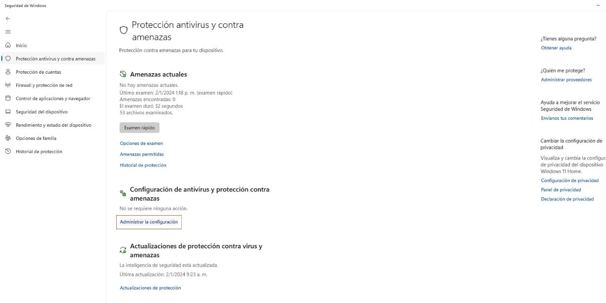 administrar configuracion de antivirus