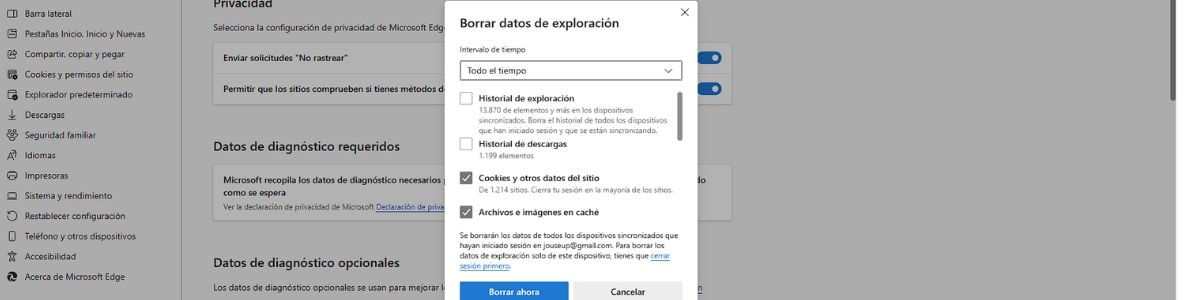 borrar datos de navegación