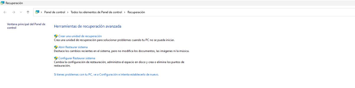 panel de control recuperacion