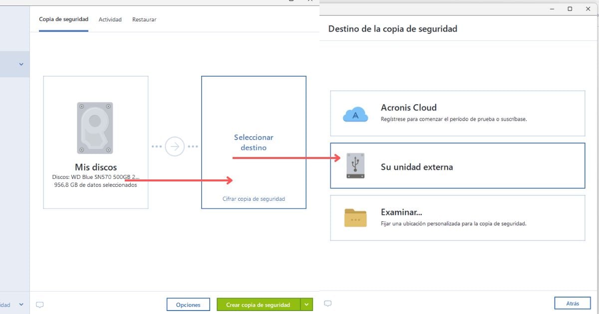 selecciona destino para copia de seguridad