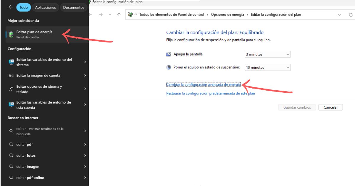 configuracion avanzada de energia