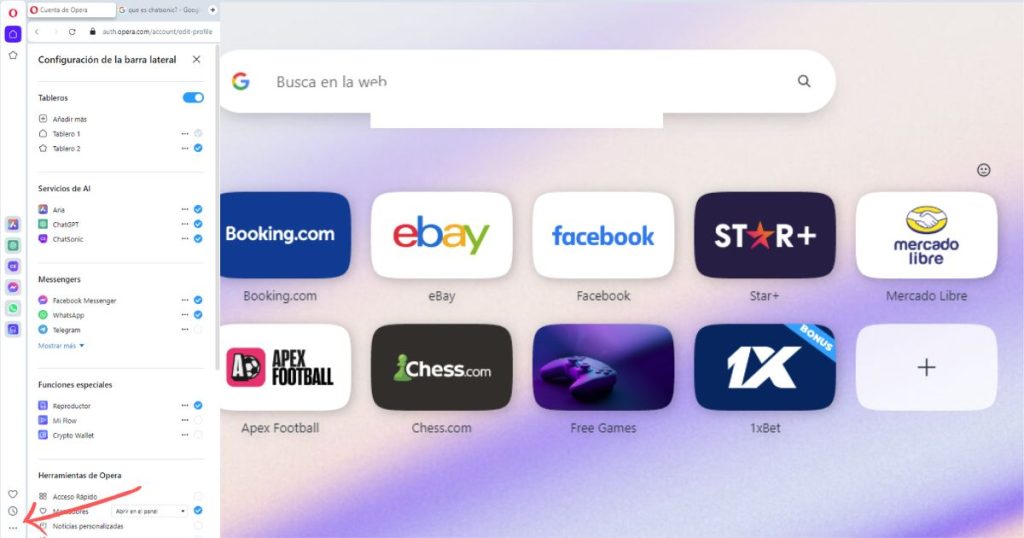 operagx opciones de widgets
