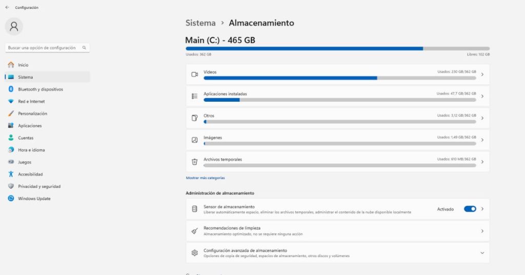 almacenamiento windows 11