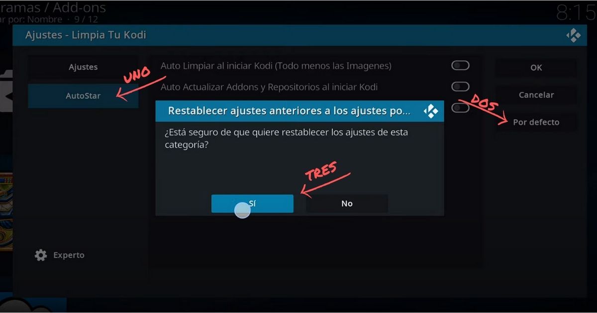 restablecer ajustes de kodi